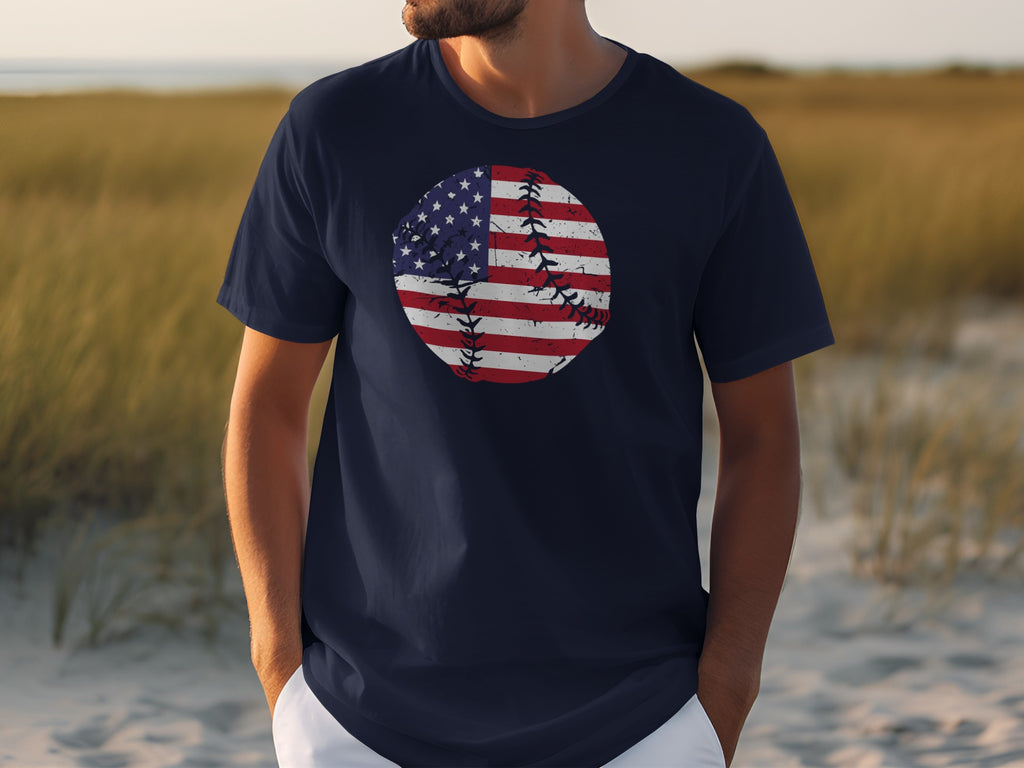 Navy t-shirt with a distressed American flag baseball graphic on the chest.