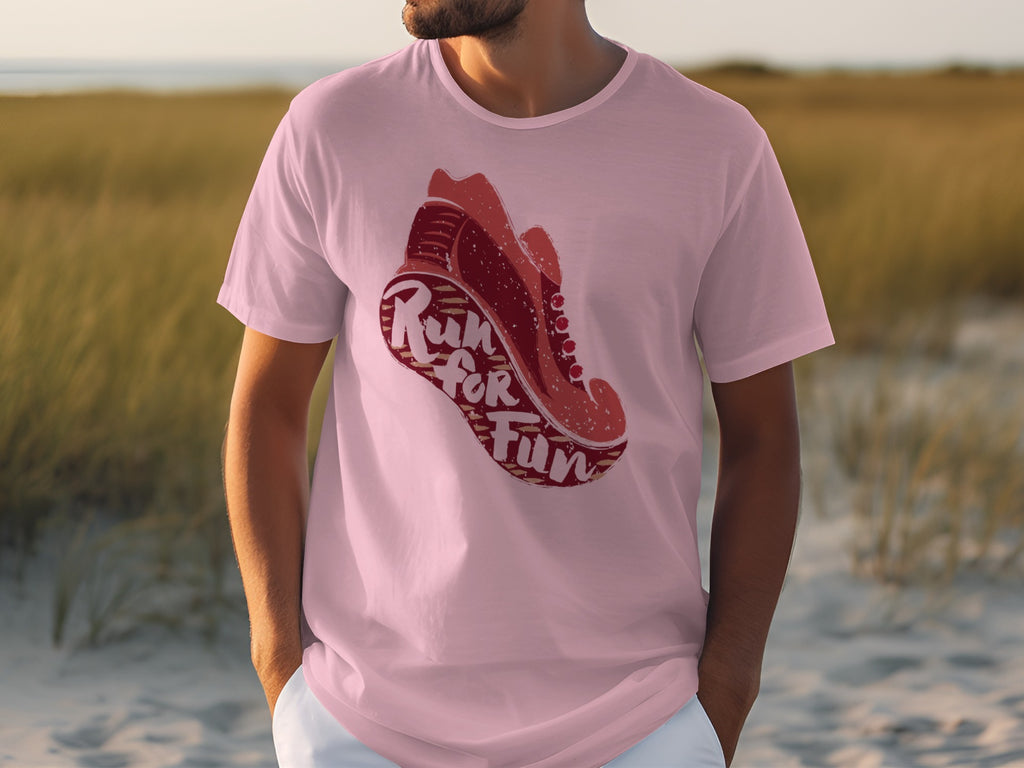 Pink t-shirt with "Run for Fun" text inside a running shoe graphic.