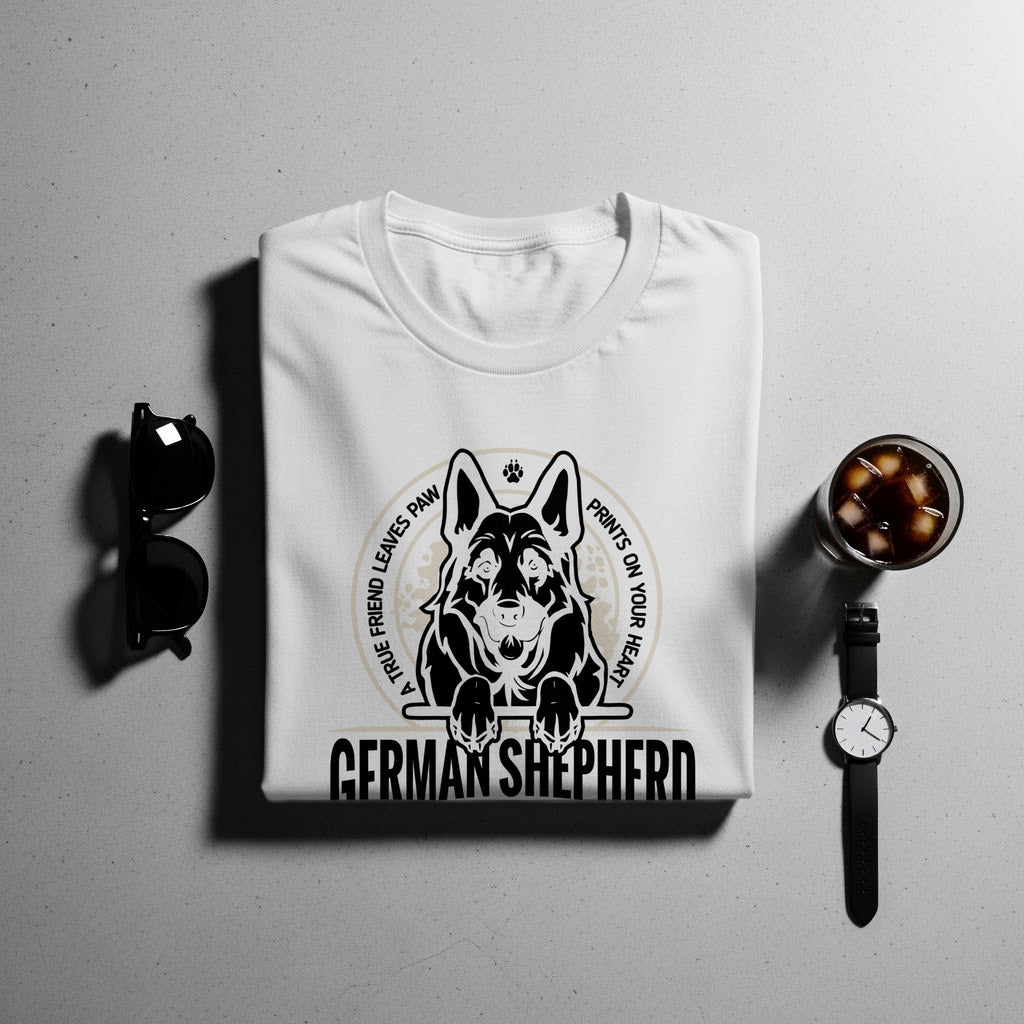 White t-shirt featuring a German Shepherd graphic with text "A TRUE FRIEND LEAVES PAW PRINTS ON YOUR HEART".