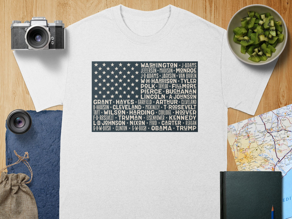 T-shirt with US presidents' names arranged inside an American flag design.