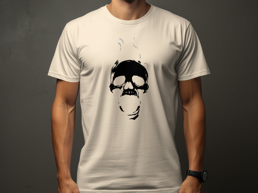Cream t-shirt with a black graphic of a screaming skull with smoke.