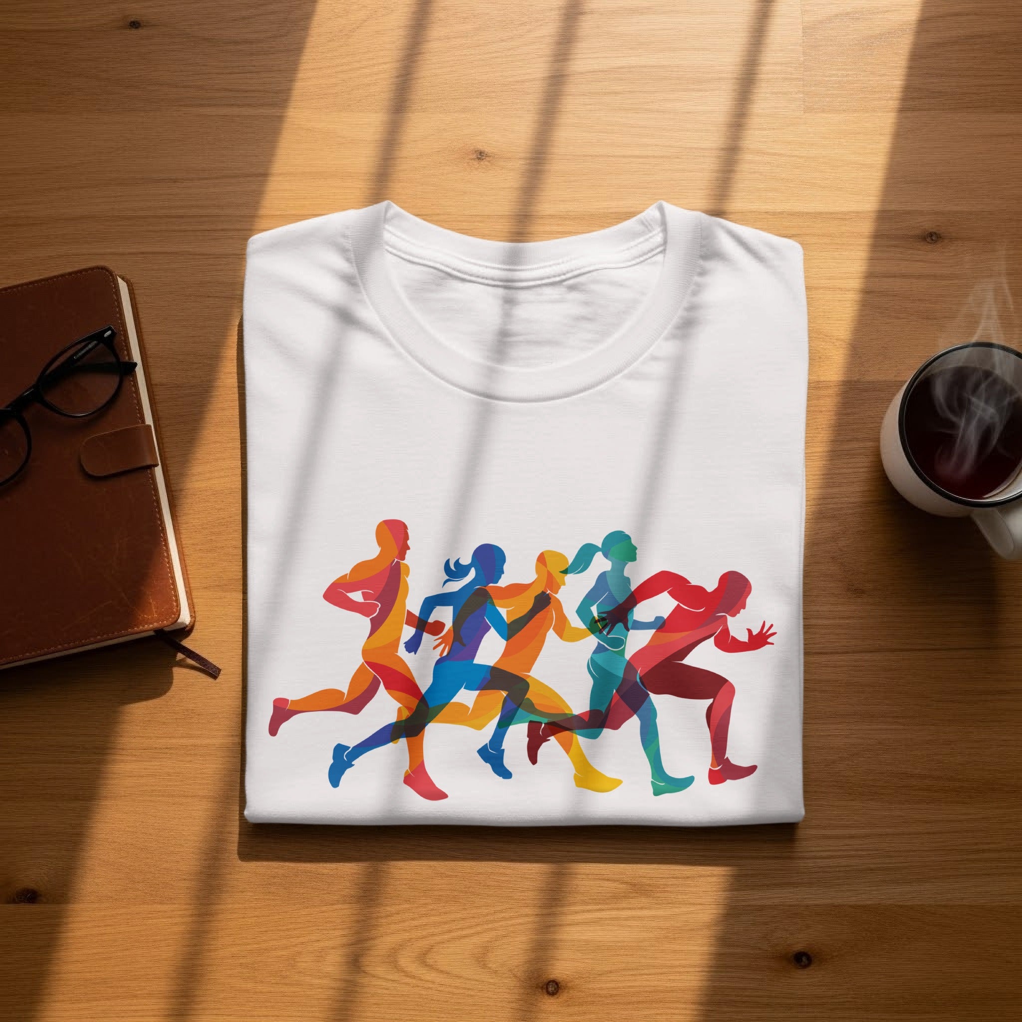 White t-shirt with colorful abstract running figures design.