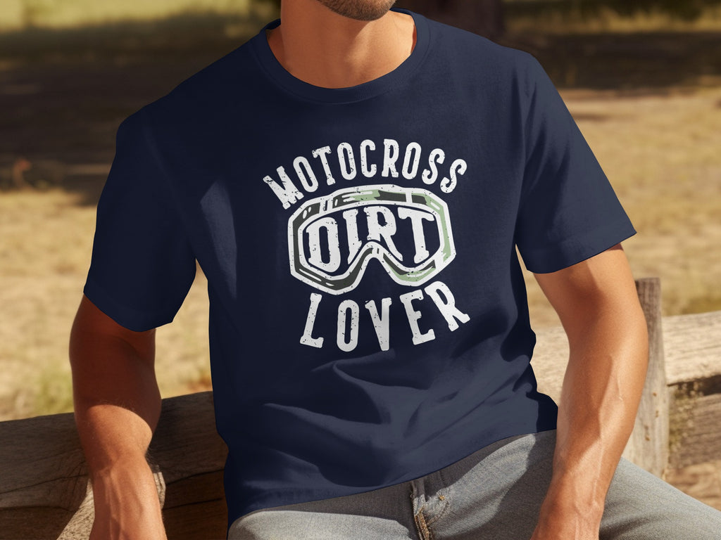 Navy t-shirt with white "Motocross Dirt Lover" graphic and goggles.