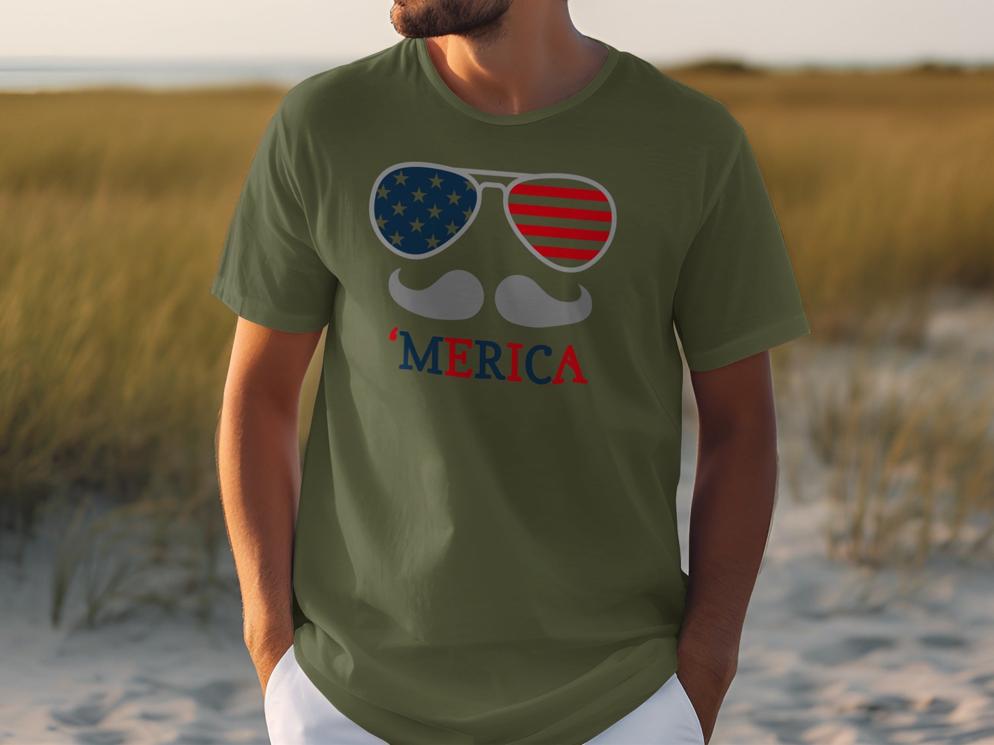 Green t-shirt with sunglasses, mustache, and 'MERICA text on chest.