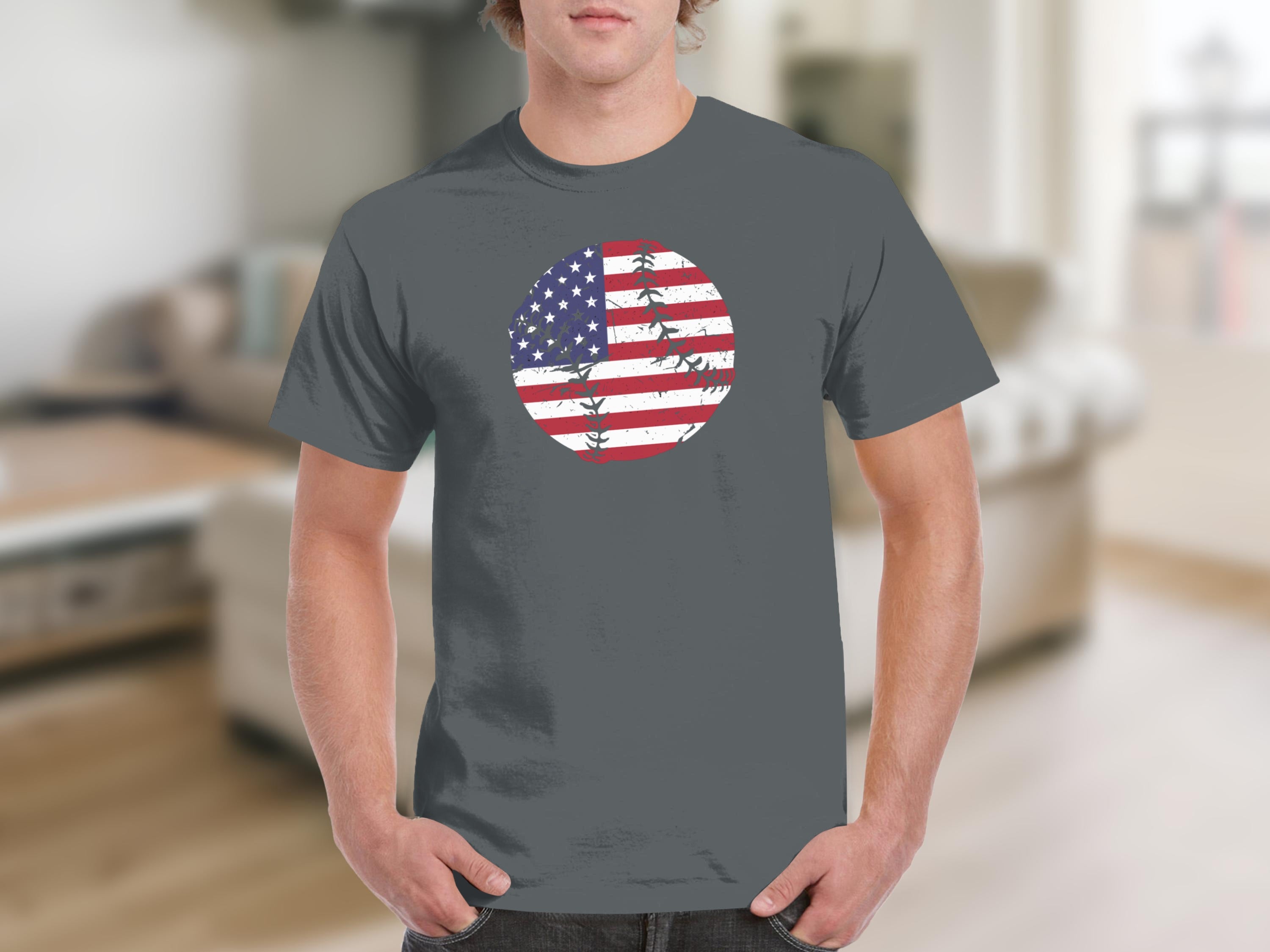 Gravel grey t-shirt with distressed American flag baseball graphic.