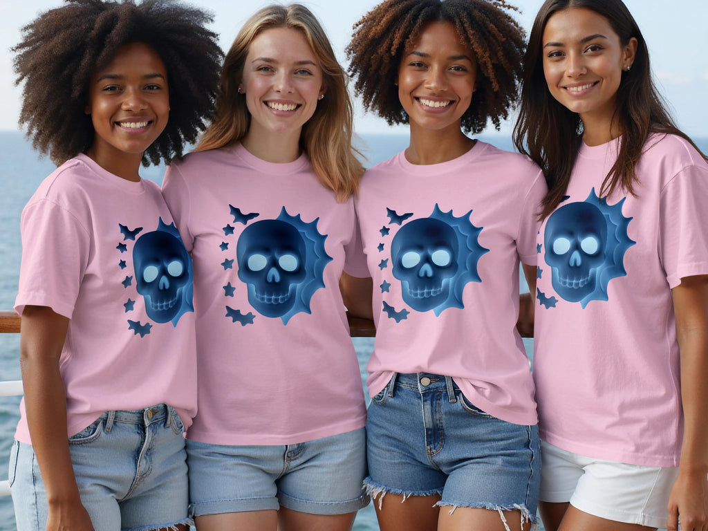 Four women wear pink t-shirts with blue skull and bat graphic designs.