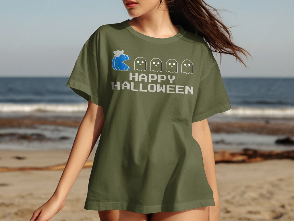 Green t-shirt with Pac-Man and ghost graphic that says Happy Halloween.