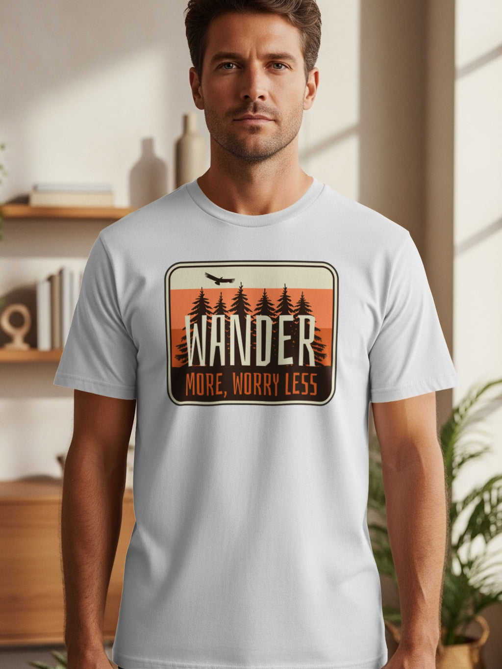 White t-shirt featuring vintage landscape graphic with text "WANDER MORE, WORRY LESS".