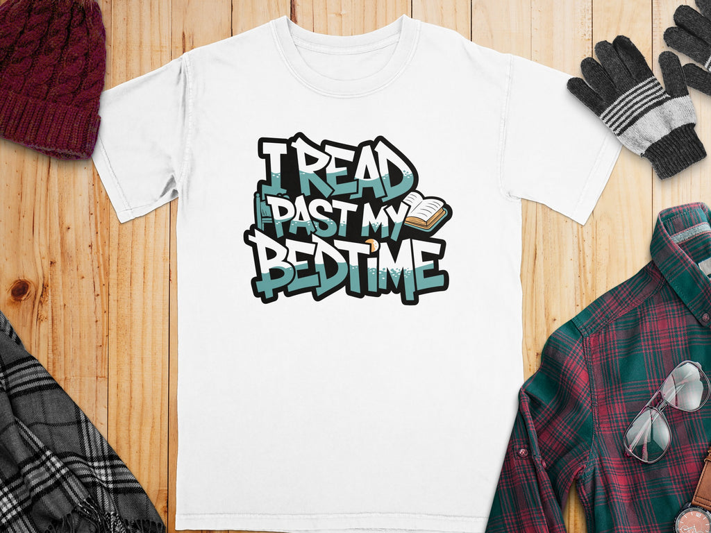 White t-shirt with "I Read Past My Bedtime" text and an open book graphic.