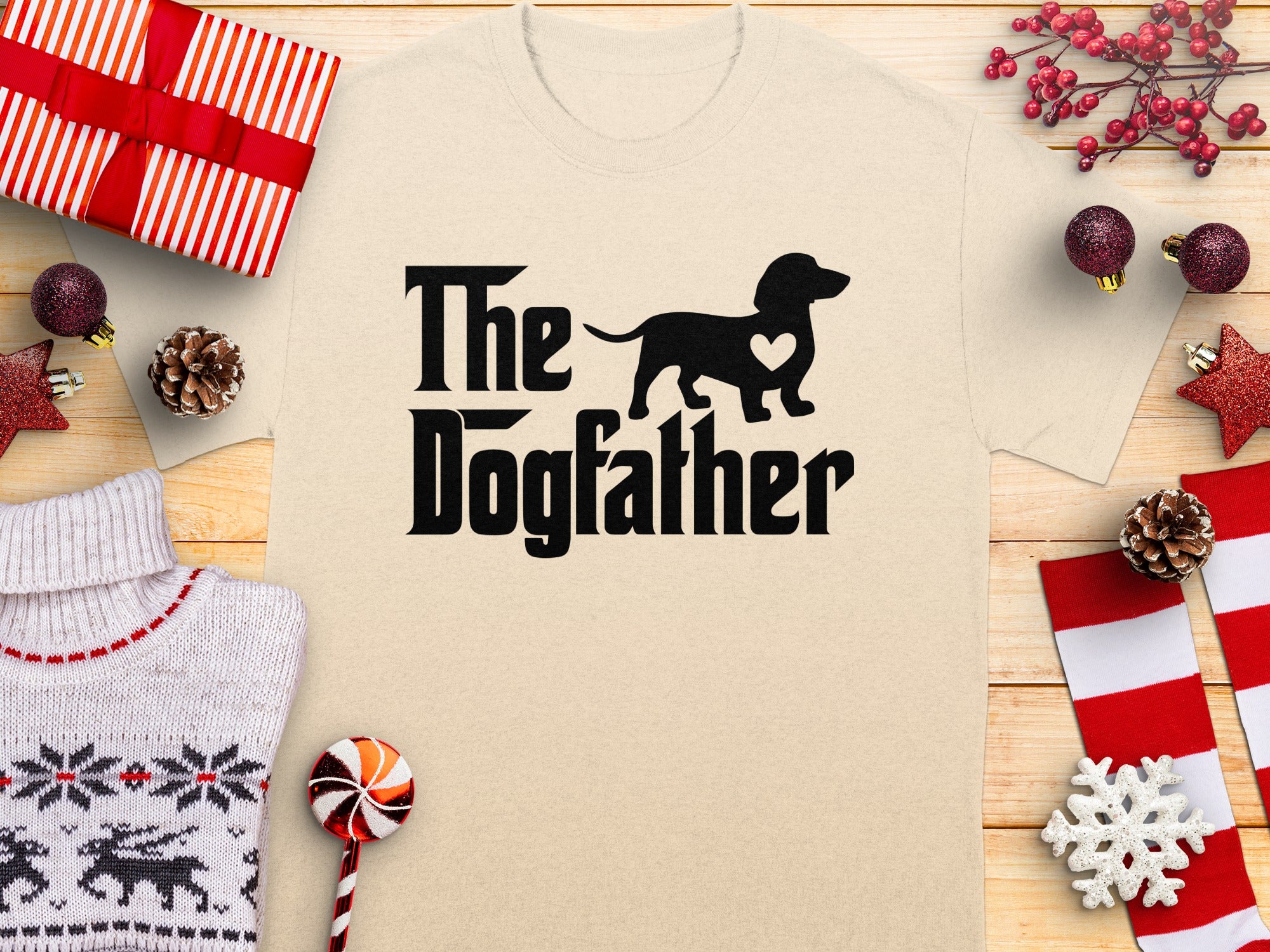 T-shirt with black text "The Dogfather" and a dachshund silhouette.