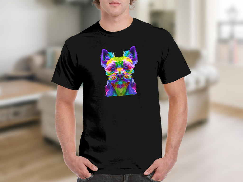 Black t-shirt with a vibrant, abstract dog face graphic on the front.