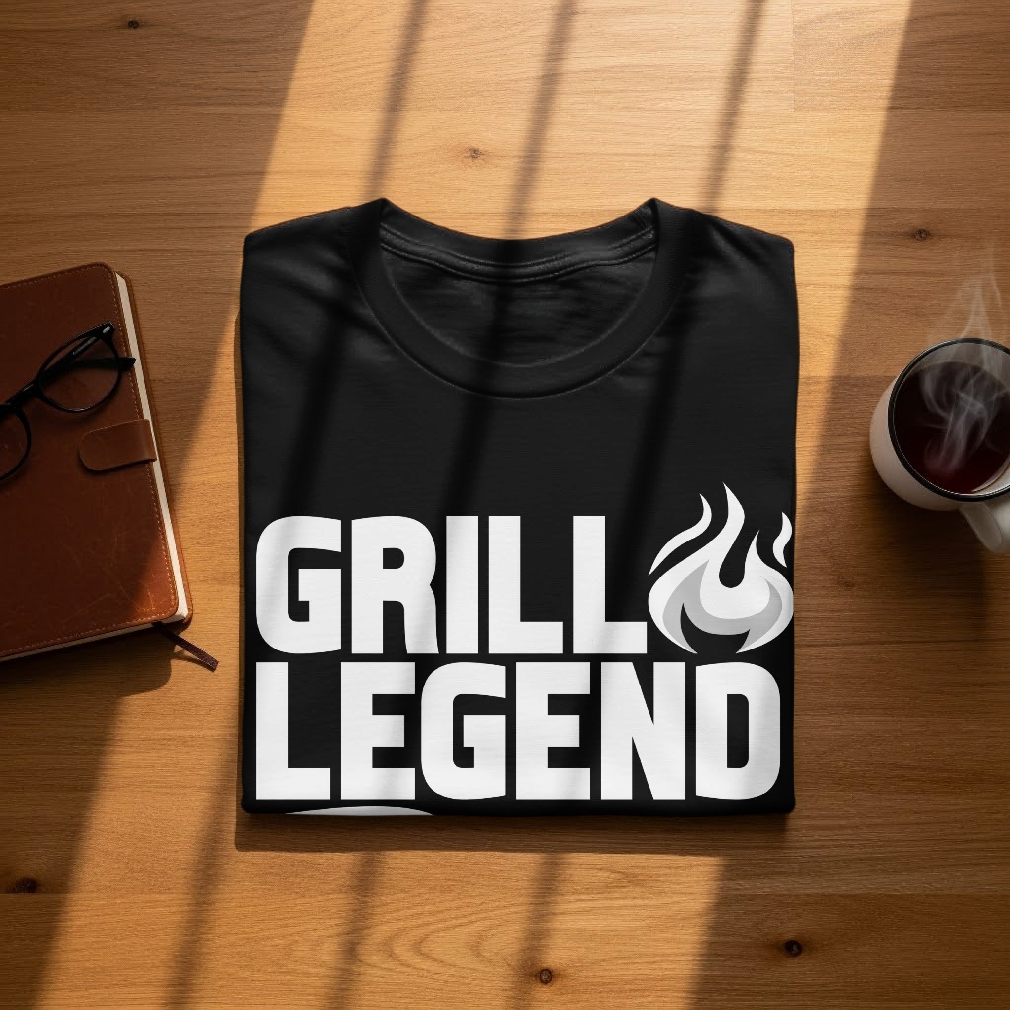 Black t-shirt with white text "GRILL LEGEND" and flame graphic.