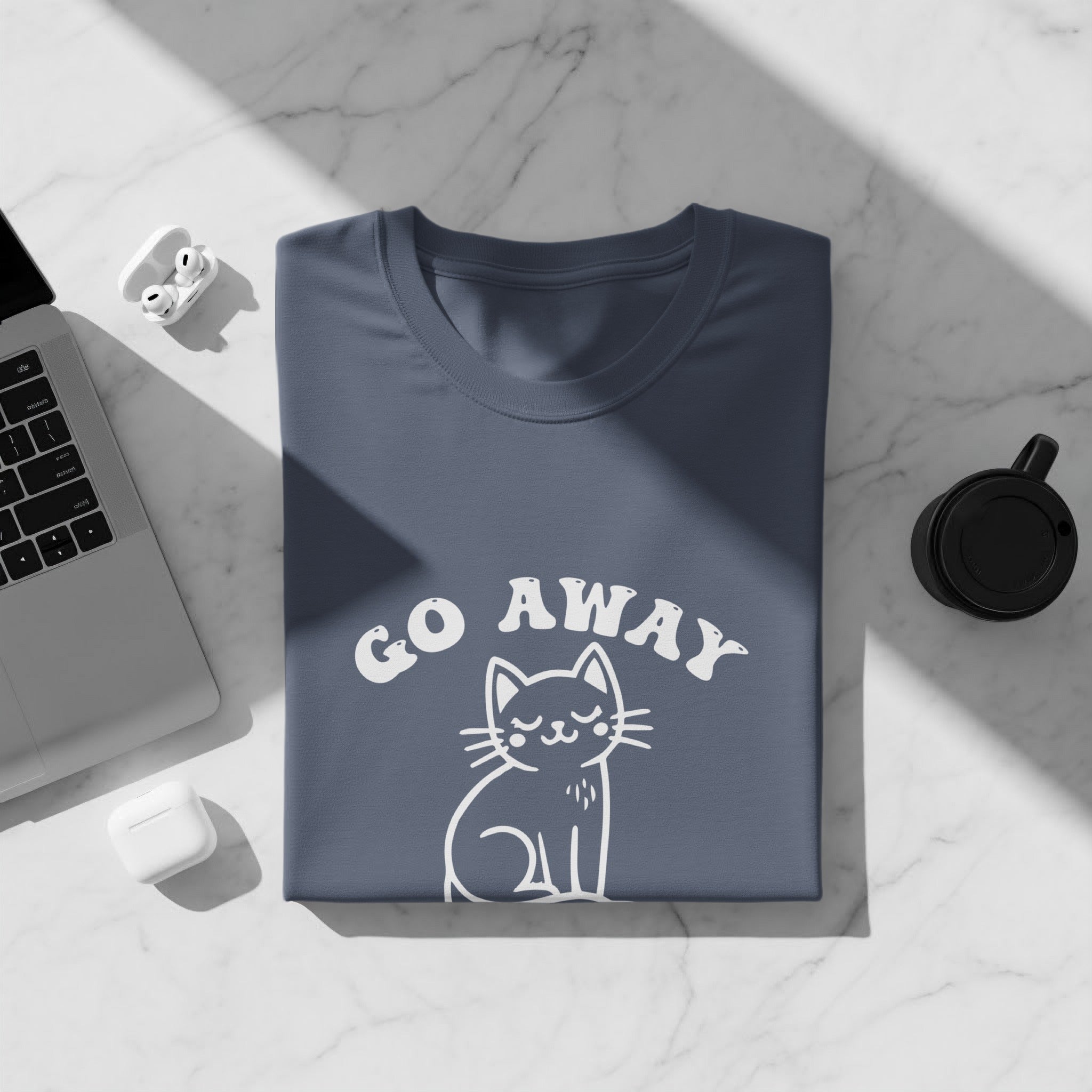 T-shirt with white graphic of a cat and the text "GO AWAY".