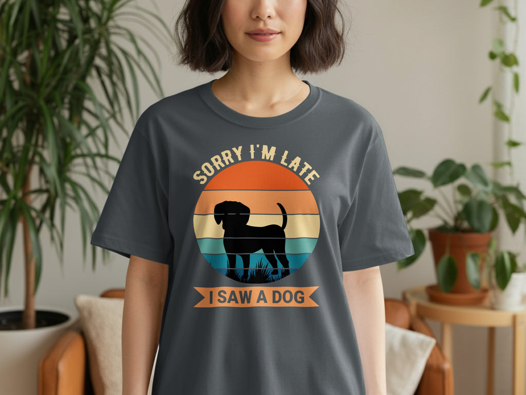 Grey t-shirt with a vintage sunset graphic featuring a black dog silhouette and text.