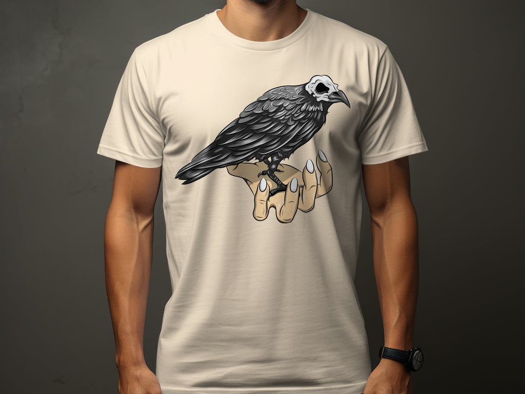 Black raven with skull head perched on a hand with white nails.