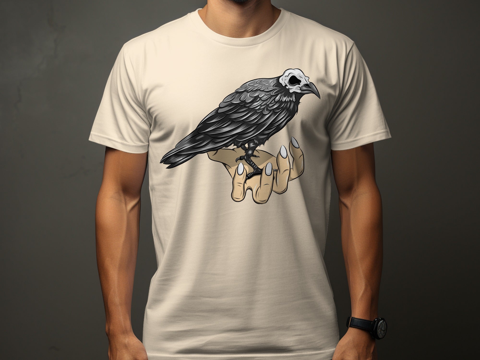 Black raven with skull head perched on a hand with white nails.