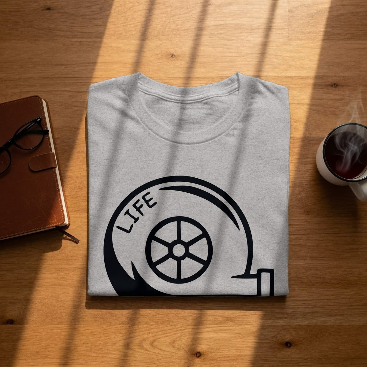 Grey t-shirt with a black turbocharger graphic and the word "LIFE".