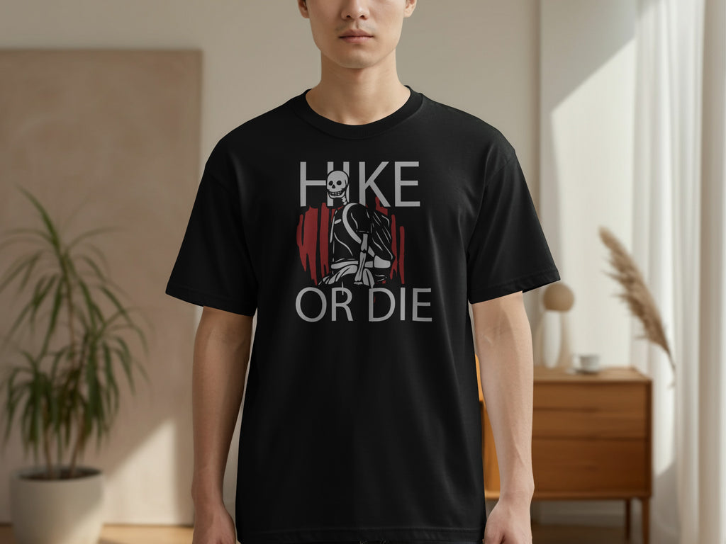 Black t-shirt with "Hike or Die" text and a skeleton graphic.