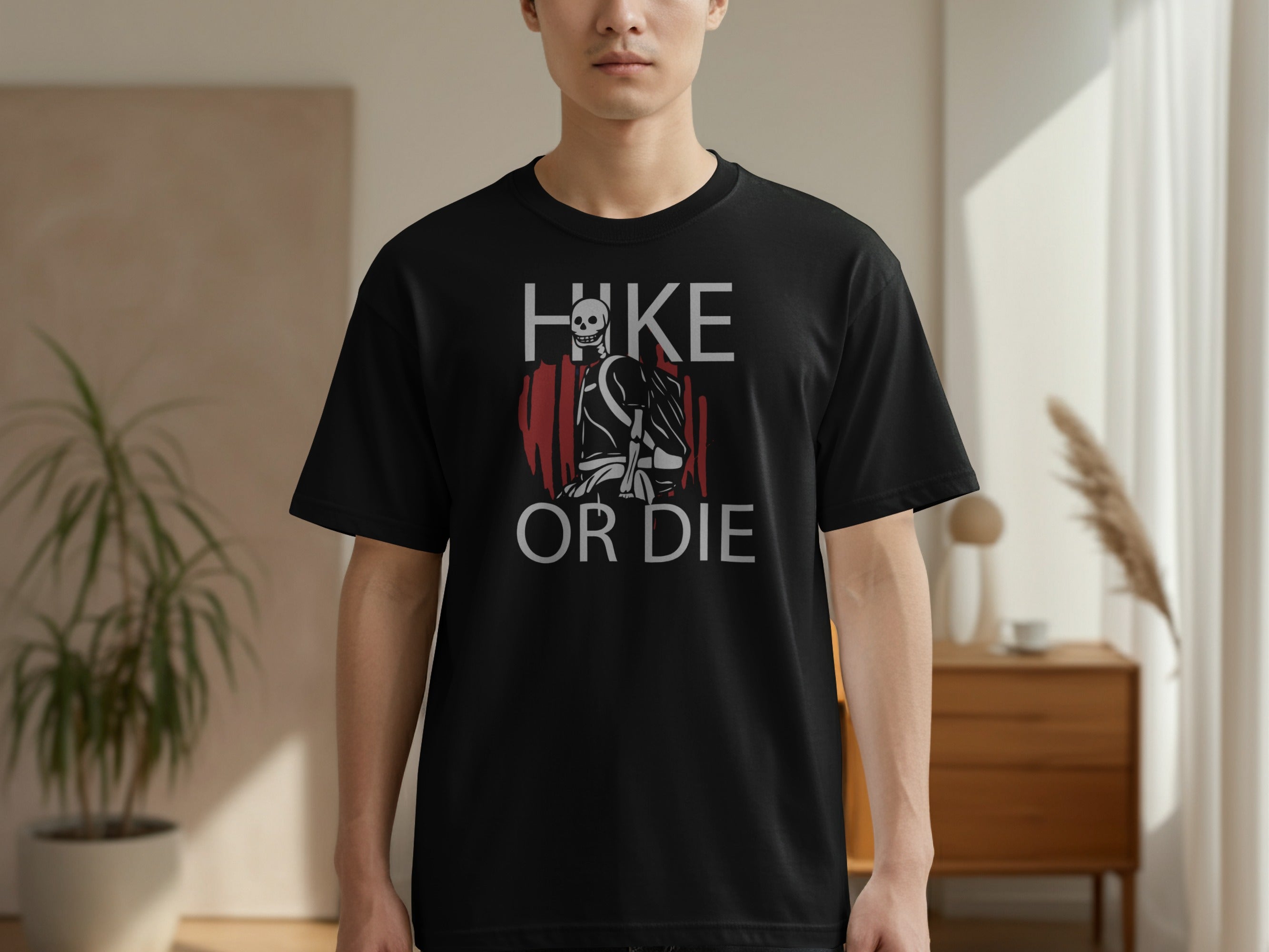 Black t-shirt with "Hike or Die" text and a skeleton graphic.