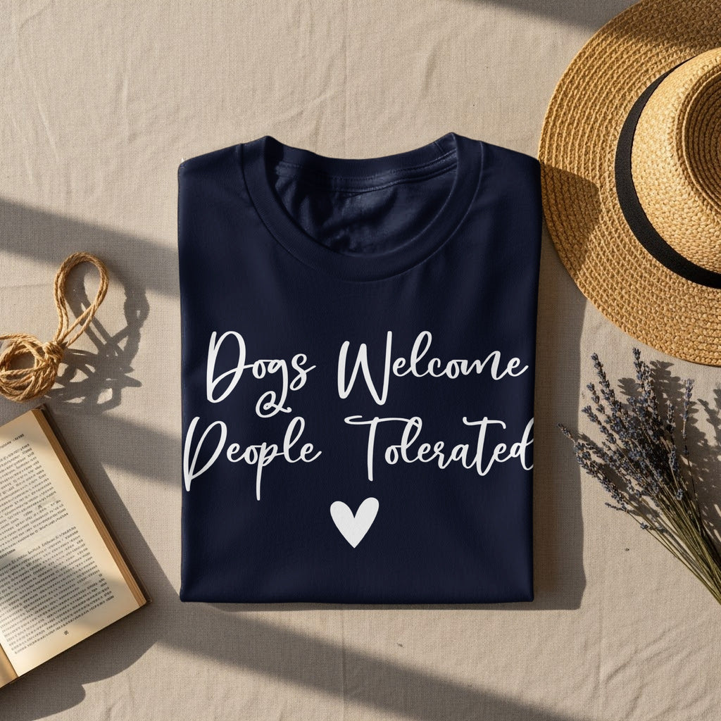 Navy t-shirt with white text "Dogs Welcome People Tolerated" and a heart.