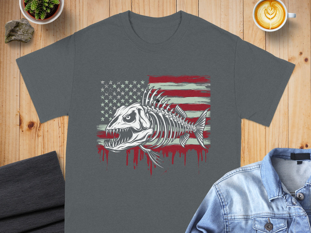 Dark grey t-shirt with a distressed American flag and fish skeleton graphic.