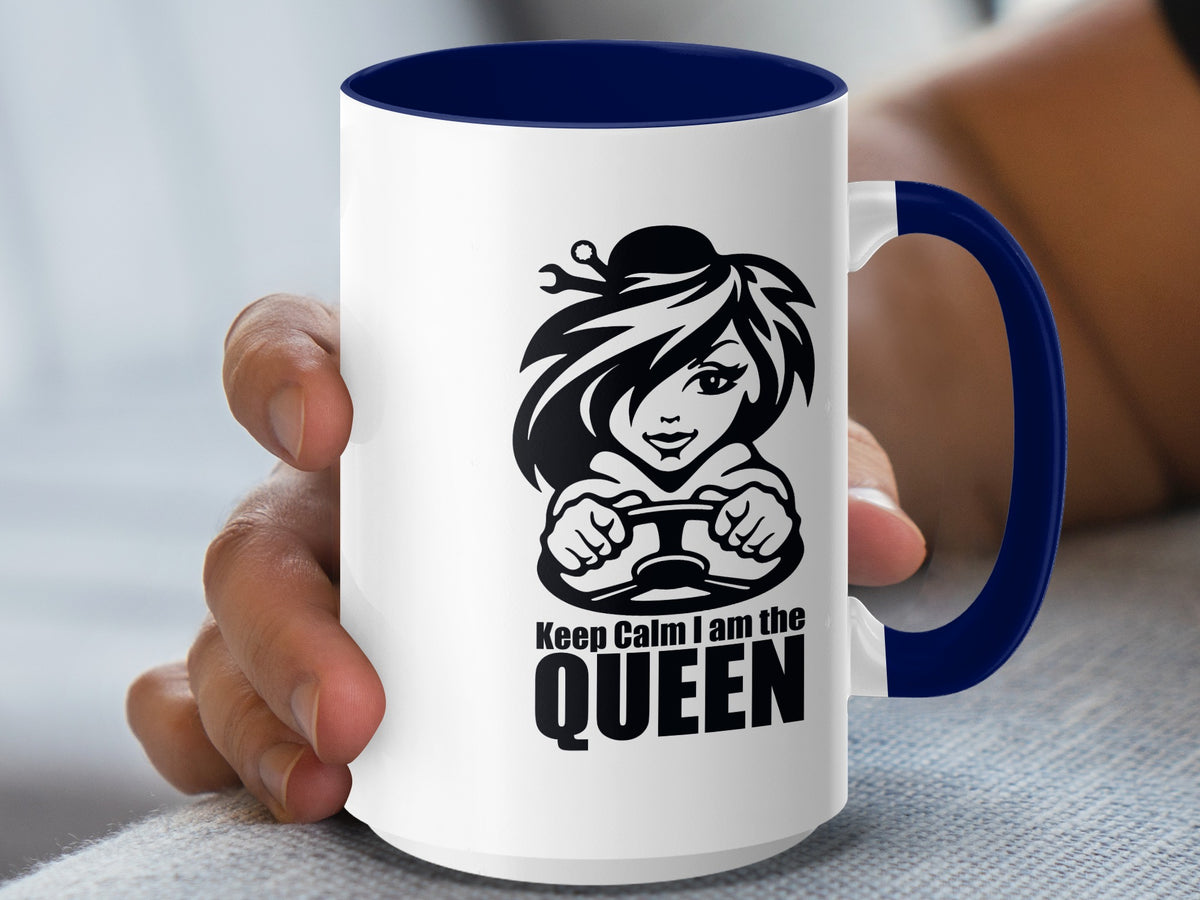 White mug with blue handle displaying "Keep Calm I am the QUEEN" text.