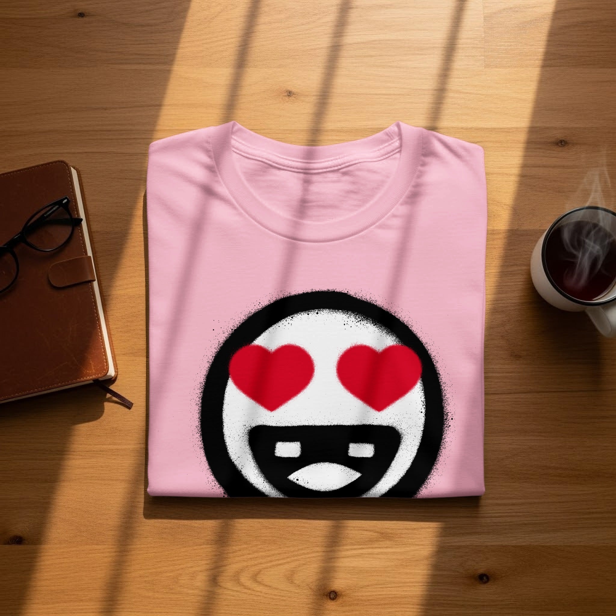 Pink t-shirt with a smiley face graphic featuring red heart eyes and a wide grin.