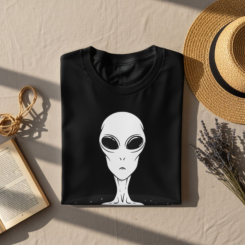 Black t-shirt with a white alien head graphic, next to a straw hat and book.