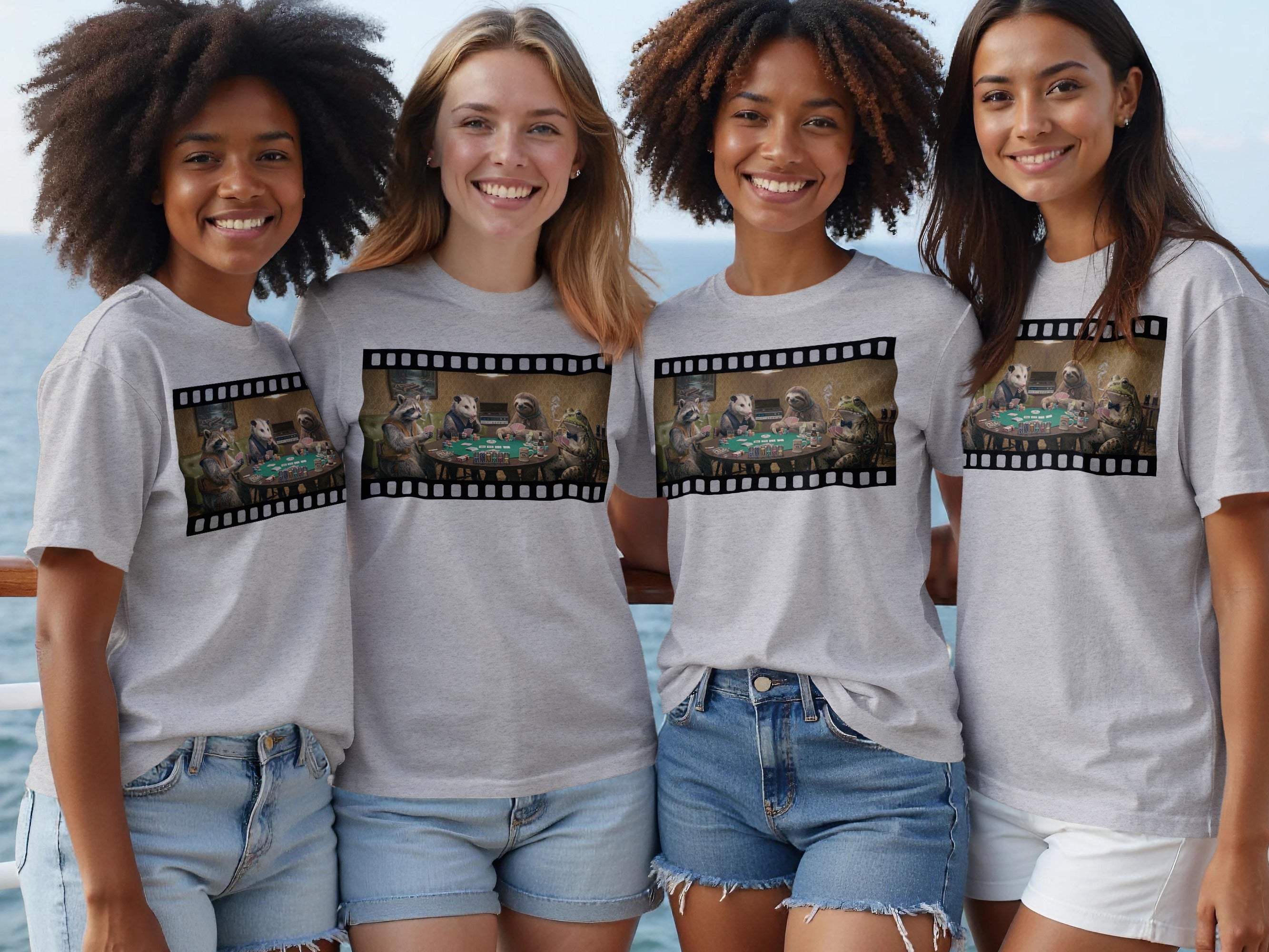 Light grey t-shirts with film strip graphic of animals playing poker.