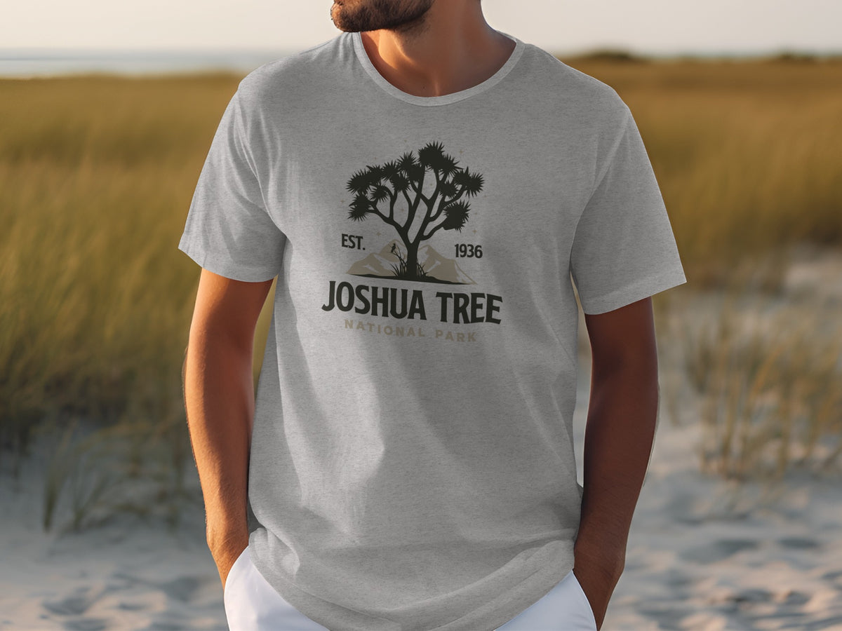 Grey t-shirt with Joshua Tree National Park graphic and establishment date.