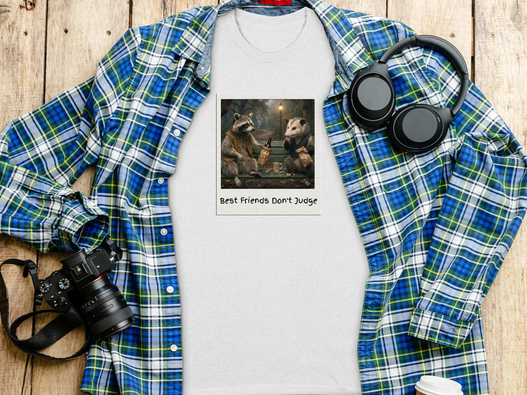 White t-shirt with graphic of raccoon and possum, "Best Friends Don't Judge".