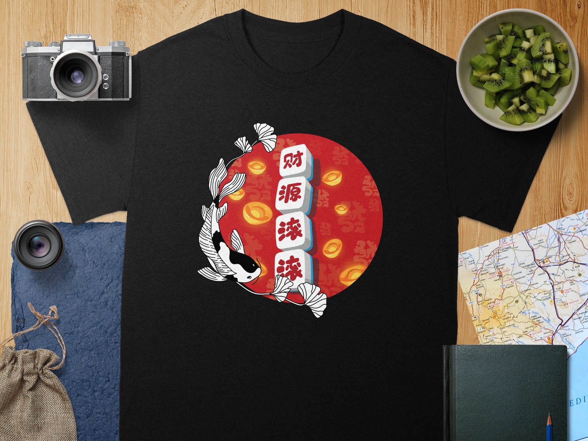 Black t-shirt with koi, ginkgo leaves, ancient coins, and Chinese characters for wealth.