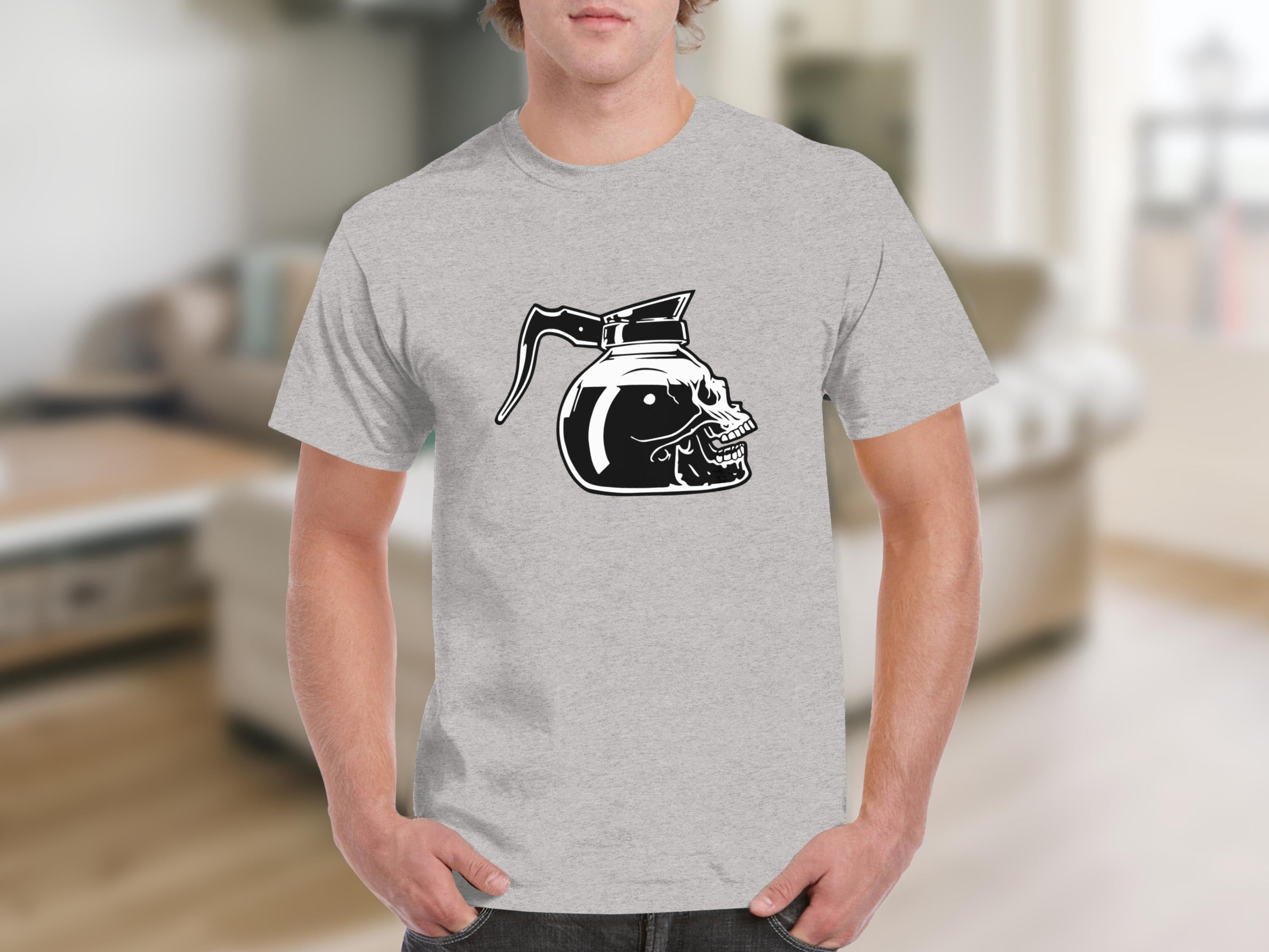 Grey t-shirt with black graphic of a skull in a coffee pot.
