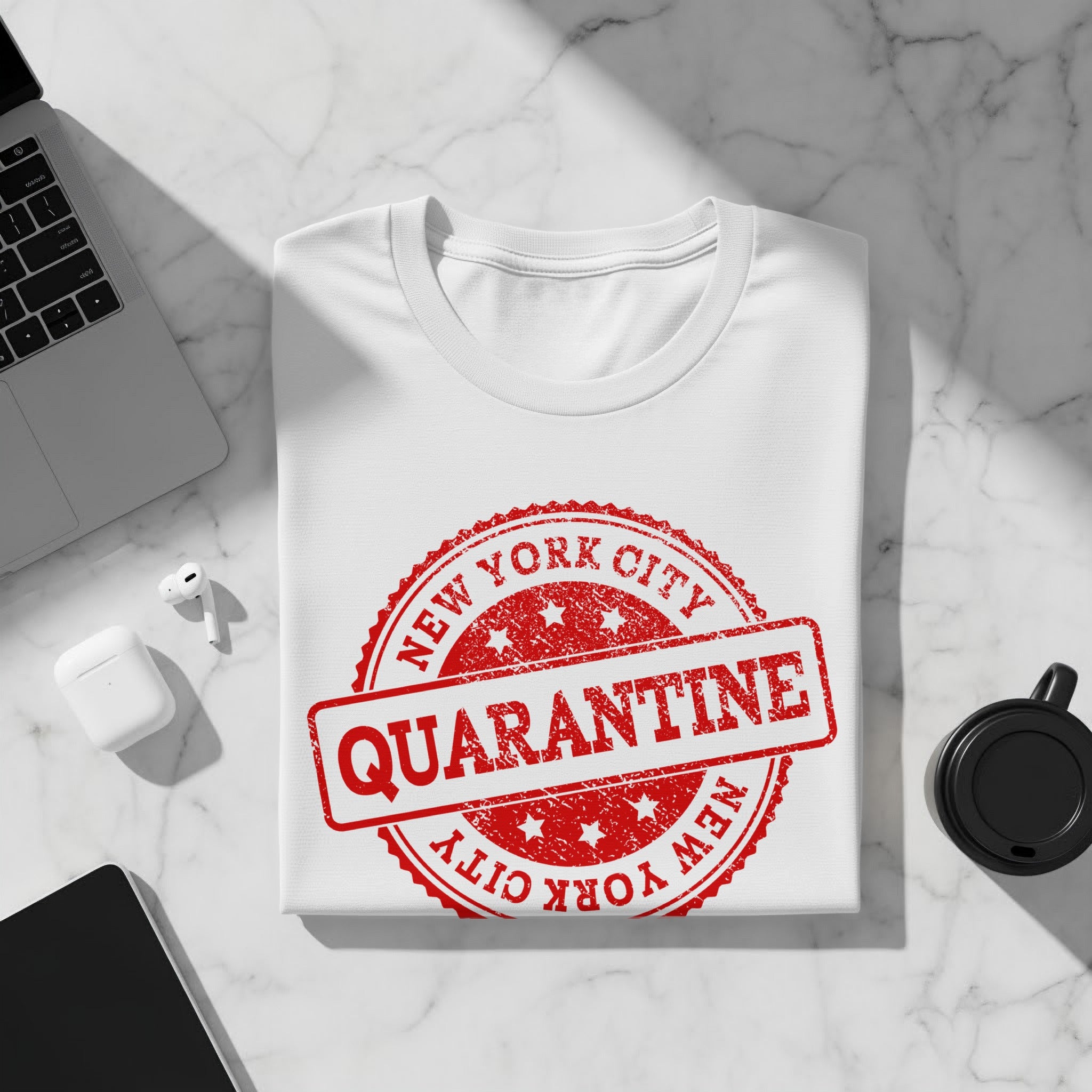 White t-shirt with red "New York City Quarantine" distressed stamp graphic.