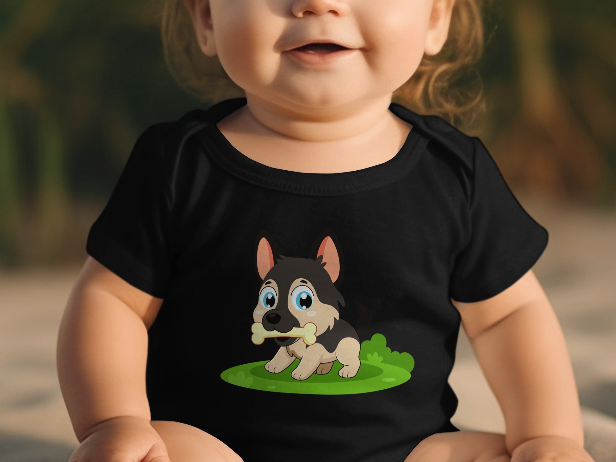 Black baby onesie with cartoon German Shepherd puppy holding a bone.