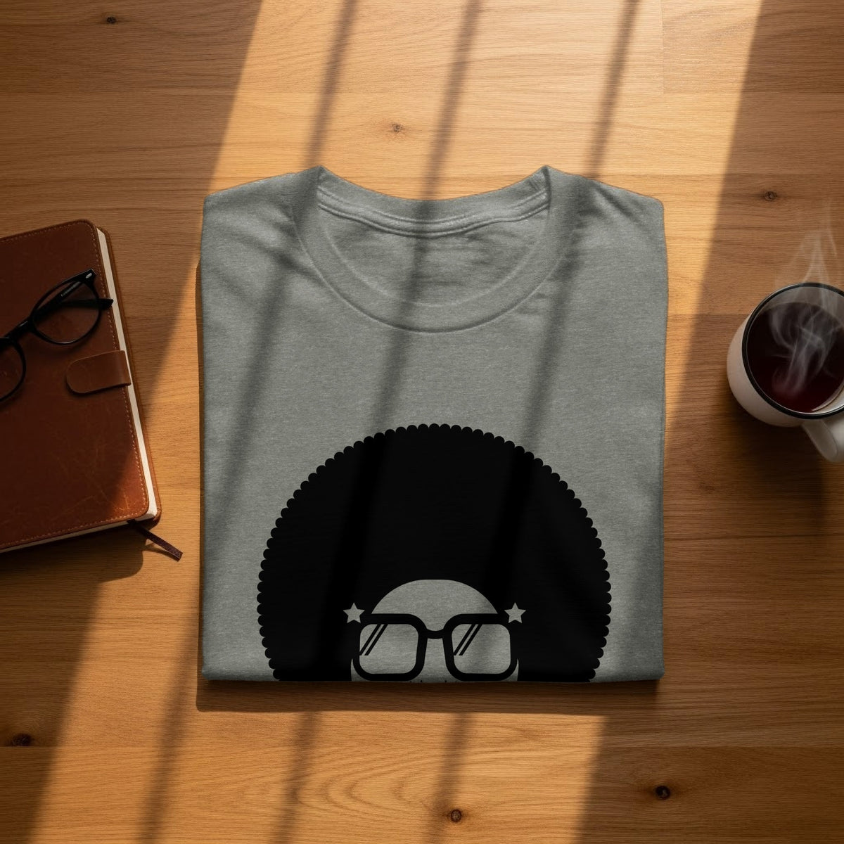 Grey t-shirt with black graphic of a face with afro and glasses.