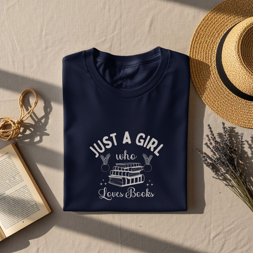 Navy t-shirt with "Just a Girl Who Loves Books" and book graphic.