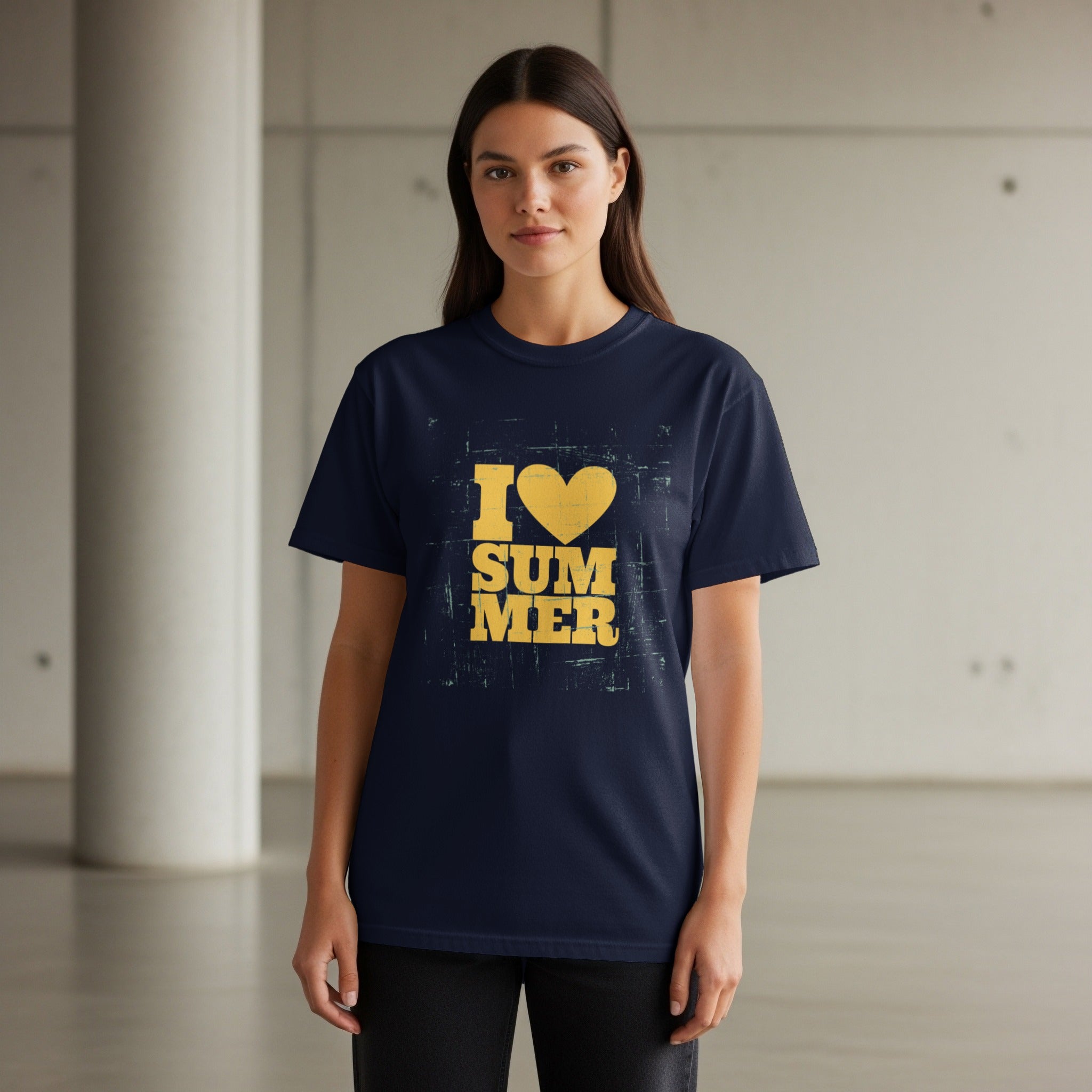 Navy t-shirt with yellow "I ♥ SUMMER" graphic print