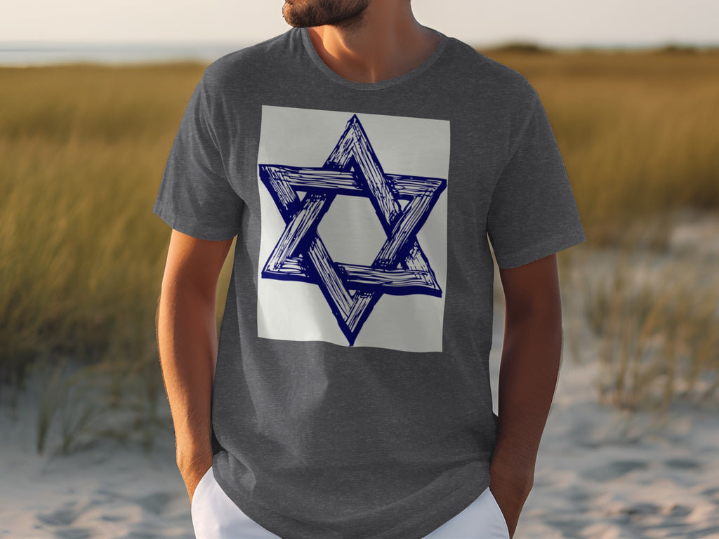 Dark grey t-shirt with a white square featuring a sketched blue Star of David.