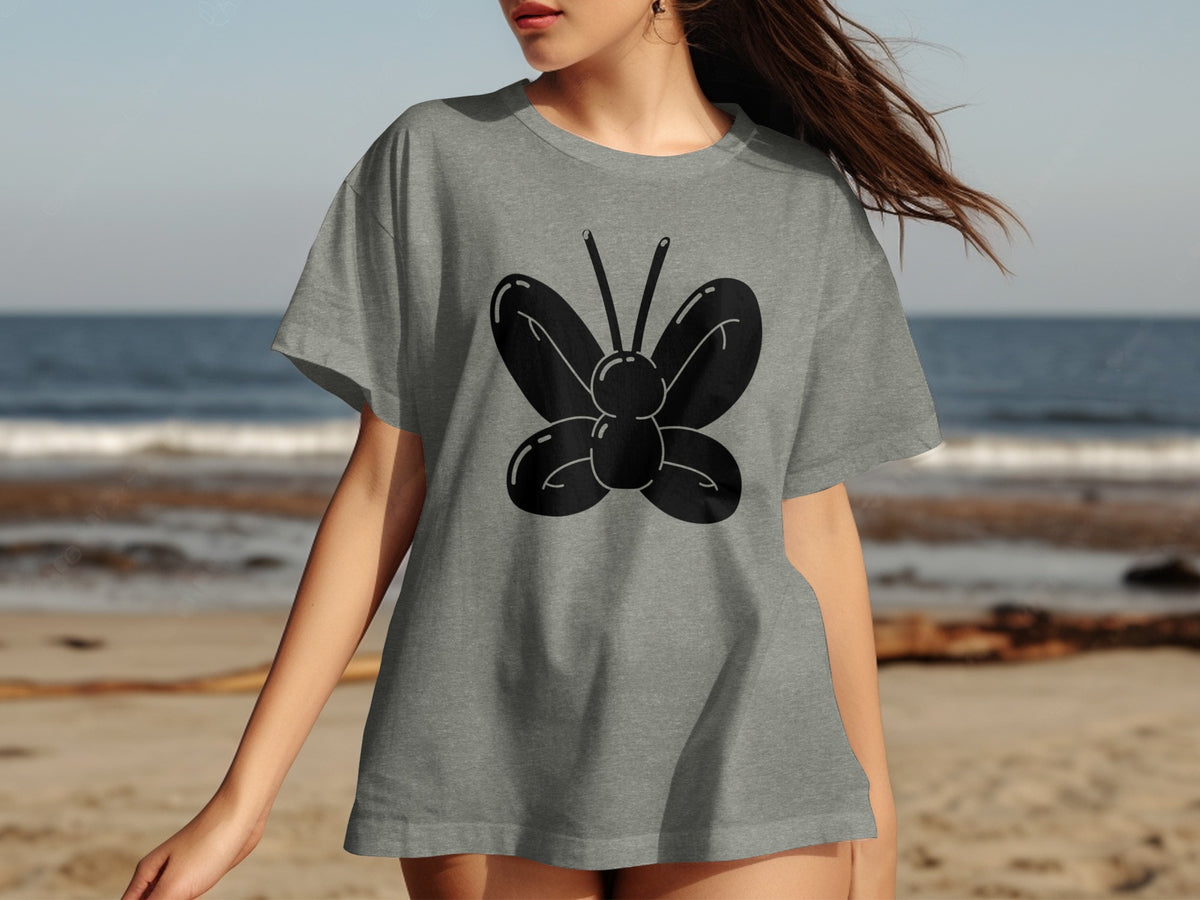 Grey t-shirt with a black butterfly graphic on the front.