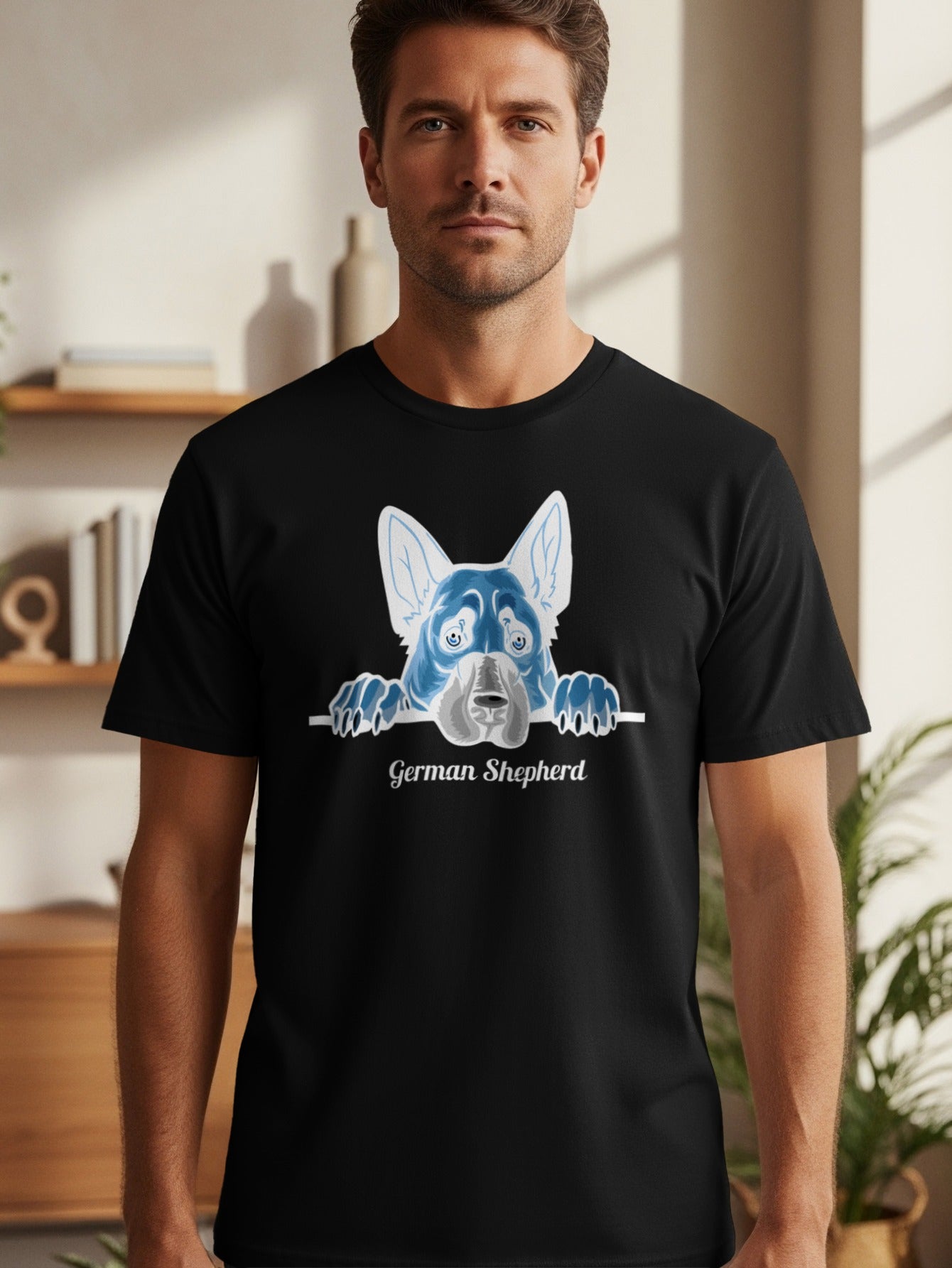 Black t-shirt with a blue German Shepherd peeking over white text saying "German Shepherd".