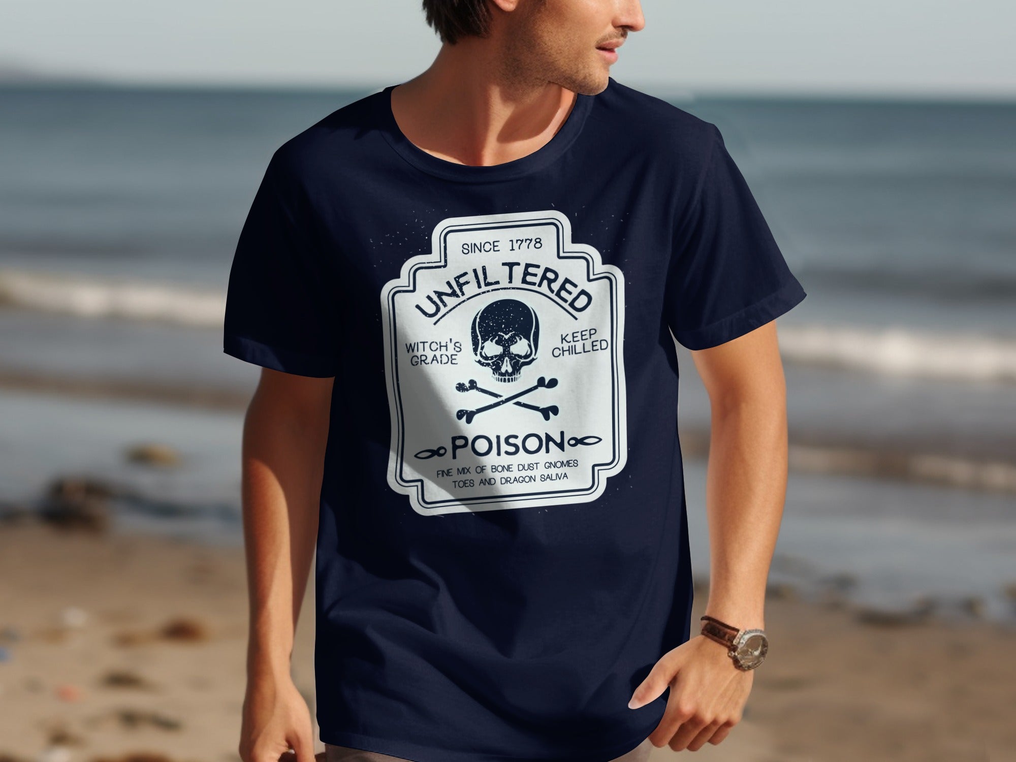 Navy t-shirt with "Unfiltered Poison" design including skull and crossbones.