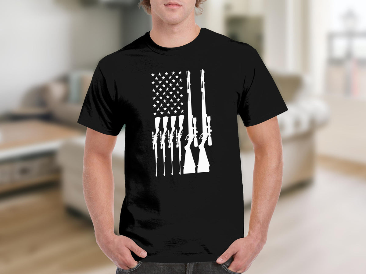 Black t-shirt with white American flag and rifle graphic design.