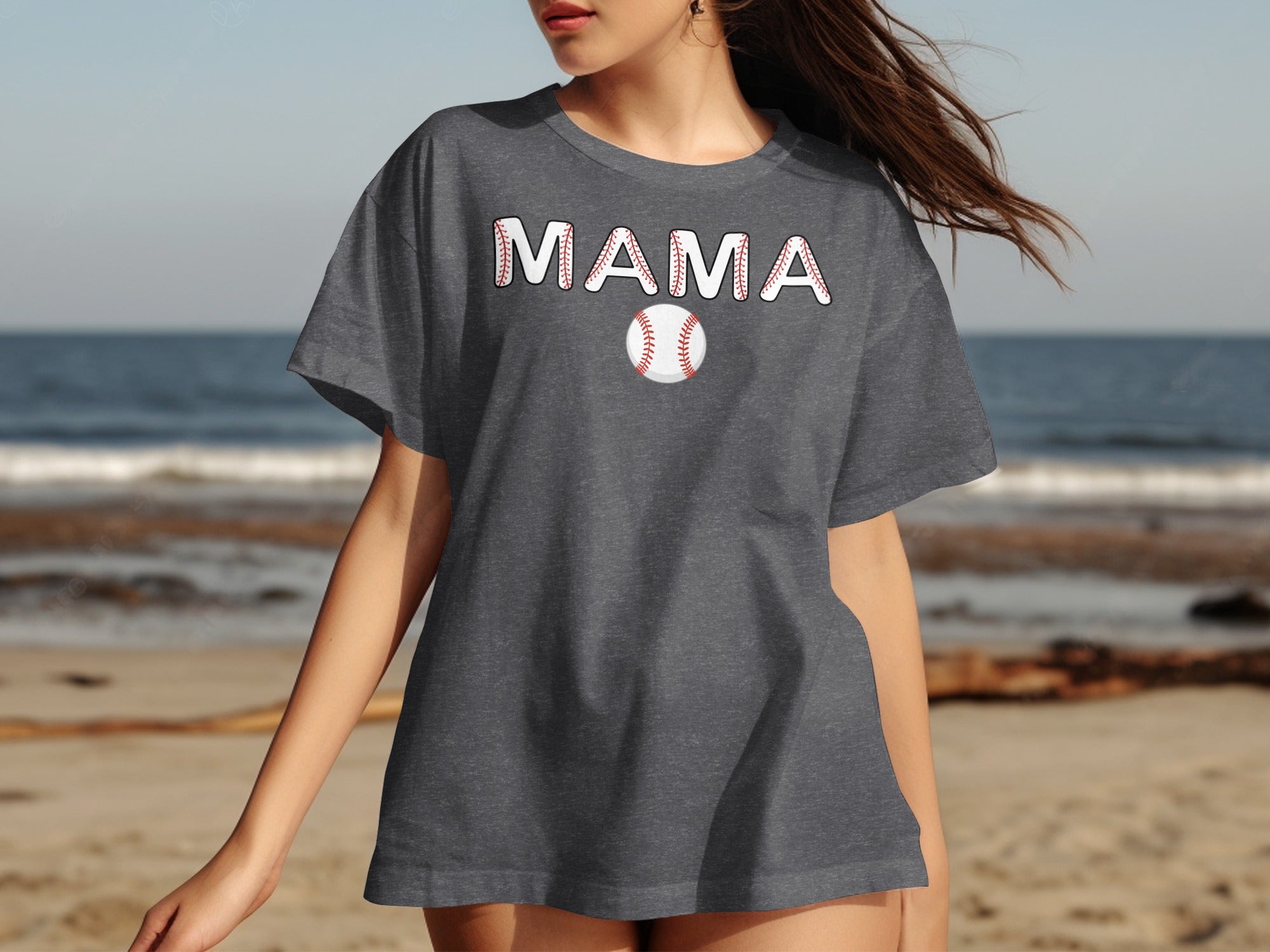 Dark grey t-shirt with "MAMA" in baseball stitching and a baseball.