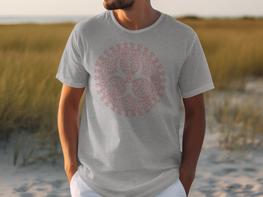 Gray t-shirt with a red biohazard symbol in a virus shape.