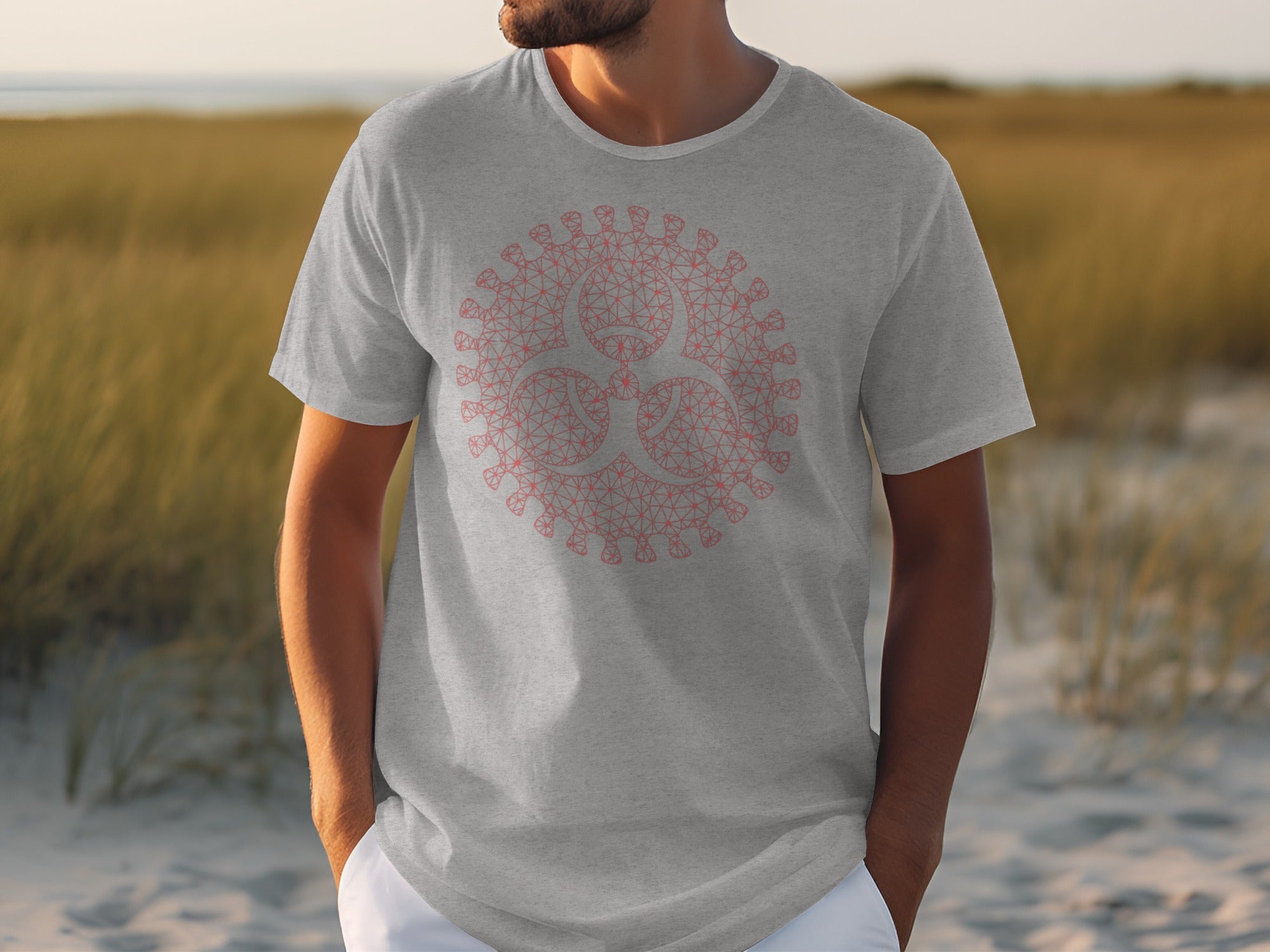 Gray t-shirt with a red biohazard symbol in a virus shape.