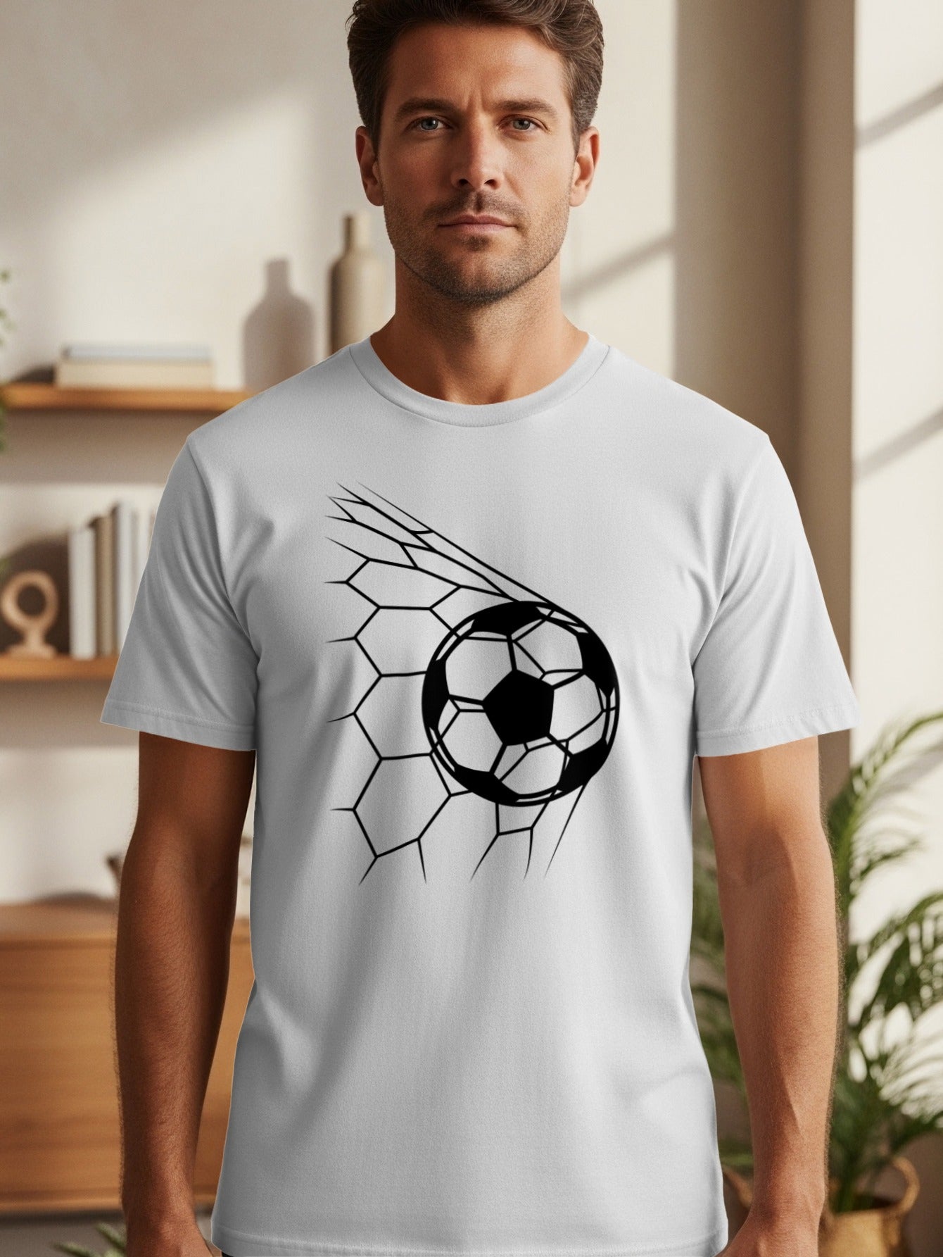 Man wearing a white t-shirt with a black soccer ball breaking through a net design.