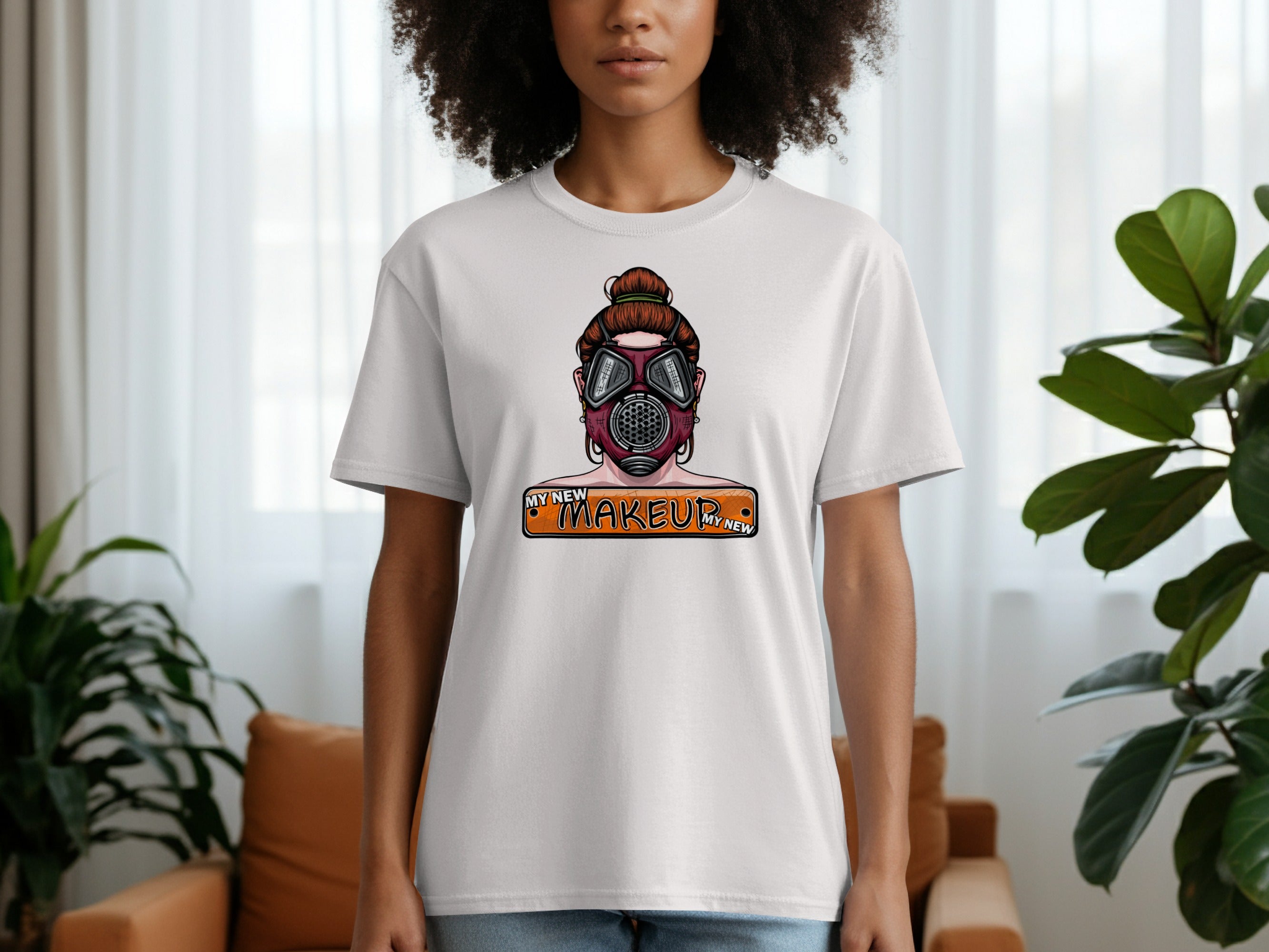 White t-shirt with graphic of woman wearing gas mask and text "MY NEW MAKEUP".