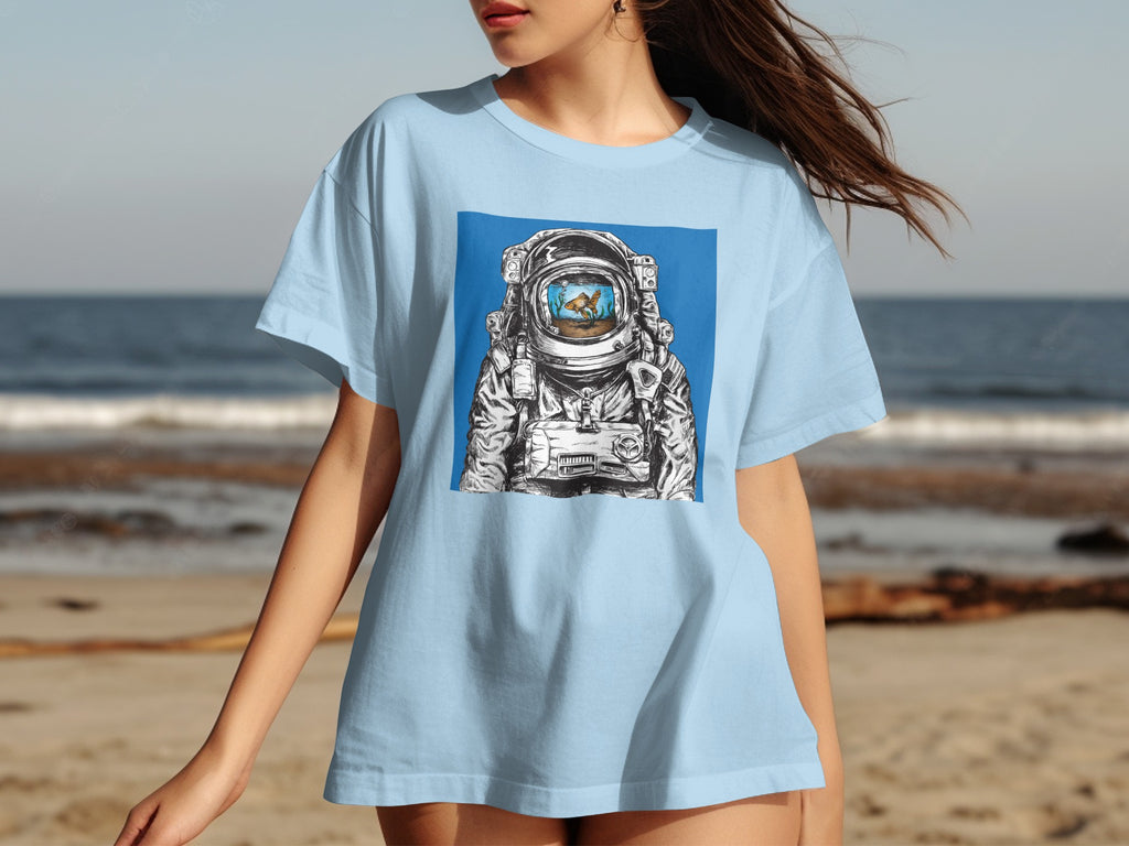 Light blue t-shirt with graphic of astronaut helmet containing a goldfish.