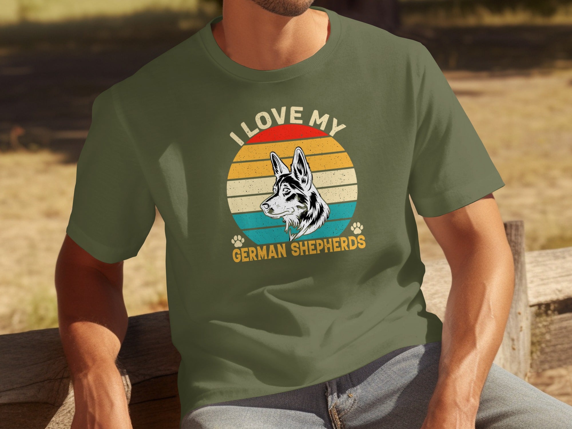 T-shirt with retro circle graphic of German Shepherd head and text.
